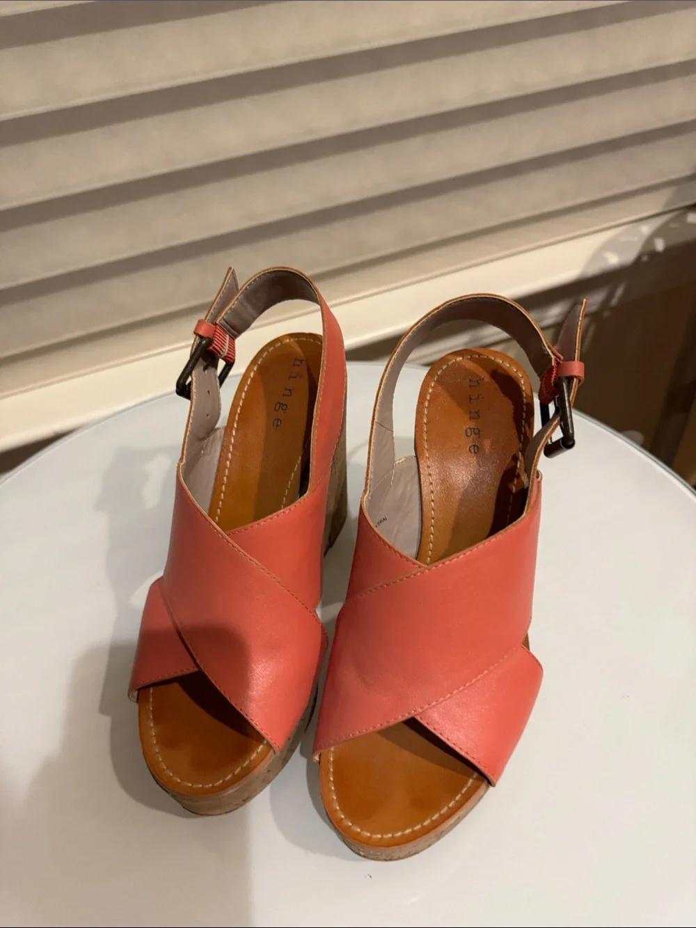 hinge Coral Leather Crisscross Wedge Sandals